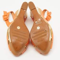 Pre Owned Le Silla Orange Leather Peep Toe Slingback Wedge Pumps Size 37