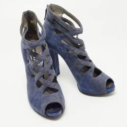 Le Silla Blue Suede Cut Out  Peep Toe Platform Ankle Boots Size 38.5