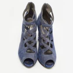 Le Silla Blue Suede Cut Out  Peep Toe Platform Ankle Boots Size 38.5