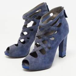Le Silla Blue Suede Cut Out  Peep Toe Platform Ankle Boots Size 38.5