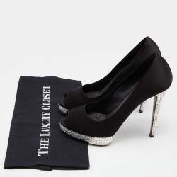 Pre Owned Le Silla Black Satin Crystal Embellished Platform Peep Toe Pumps Size 38