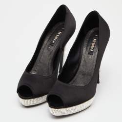 Pre Owned Le Silla Black Satin Crystal Embellished Platform Peep Toe Pumps Size 38
