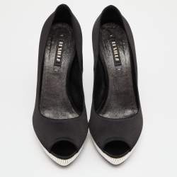Pre Owned Le Silla Black Satin Crystal Embellished Platform Peep Toe Pumps Size 38