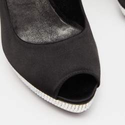 Pre Owned Le Silla Black Satin Crystal Embellished Platform Peep Toe Pumps Size 38
