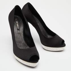 Pre Owned Le Silla Black Satin Crystal Embellished Platform Peep Toe Pumps Size 38
