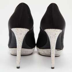 Pre Owned Le Silla Black Satin Crystal Embellished Platform Peep Toe Pumps Size 38