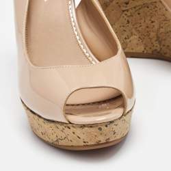 Le Silla Beige Patent Leather Cork Wedge Peep Toe Slingback Sandals Size 39