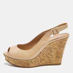 Le Silla Beige Patent Leather Cork Wedge Peep Toe Slingback Sandals Size 39