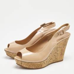 Le Silla Beige Patent Leather Cork Wedge Peep Toe Slingback Sandals Size 39