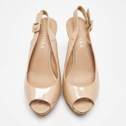 Le Silla Beige Patent Leather Cork Wedge Peep Toe Slingback Sandals Size 39