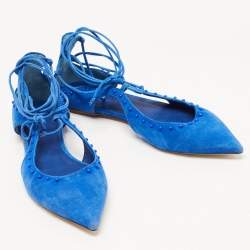 Le Silla Blue Suede Beaded Ankle Tie Ballet Flats Size 37.5