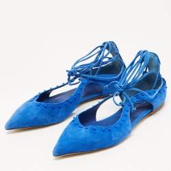 Le Silla Blue Suede Beaded Ankle Tie Ballet Flats Size 37.5