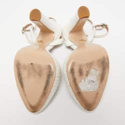 Pre Owned Le Silla White Woven Straw Leather Crystal Embellished Ankle Strap Sandals Size 40