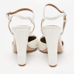 Pre Owned Le Silla White Woven Straw Leather Crystal Embellished Ankle Strap Sandals Size 40