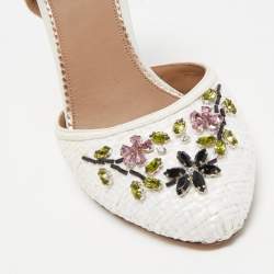 Pre Owned Le Silla White Woven Straw Leather Crystal Embellished Ankle Strap Sandals Size 40