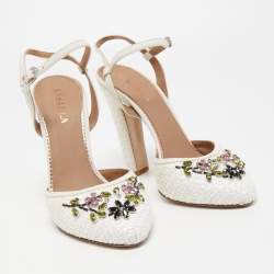 Pre Owned Le Silla White Woven Straw Leather Crystal Embellished Ankle Strap Sandals Size 40