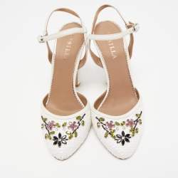 Pre Owned Le Silla White Woven Straw Leather Crystal Embellished Ankle Strap Sandals Size 40