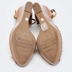 Pre Owned Le Silla Gold Textured Suede Fur Crystal Embellished Peep Toe Wedge Platform Ankle Strap Sandals Size 39