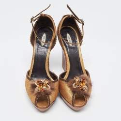 Pre Owned Le Silla Gold Textured Suede Fur Crystal Embellished Peep Toe Wedge Platform Ankle Strap Sandals Size 39