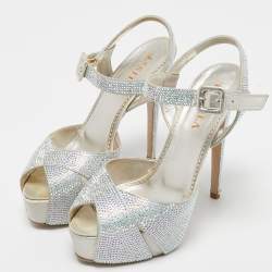 Pre Owned Le Silla Silver Crystal Embellished Cross Strap Platform Ankle Strap Sandals Size 37