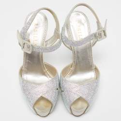 Pre Owned Le Silla Silver Crystal Embellished Cross Strap Platform Ankle Strap Sandals Size 37