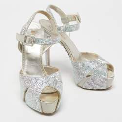 Pre Owned Le Silla Silver Crystal Embellished Cross Strap Platform Ankle Strap Sandals Size 37
