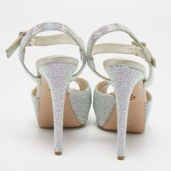 Pre Owned Le Silla Silver Crystal Embellished Cross Strap Platform Ankle Strap Sandals Size 37