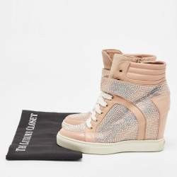 Pre Owned Le Silla Pink Crystal Embellished Leather Burma Wedge Sneakers Size 37