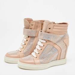 Pre Owned Le Silla Pink Crystal Embellished Leather Burma Wedge Sneakers Size 37