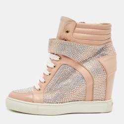 Pre Owned Le Silla Pink Crystal Embellished Leather Burma Wedge Sneakers Size 37
