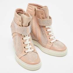 Pre Owned Le Silla Pink Crystal Embellished Leather Burma Wedge Sneakers Size 37