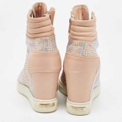 Pre Owned Le Silla Pink Crystal Embellished Leather Burma Wedge Sneakers Size 37
