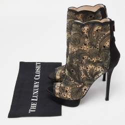 Pre Owned Le Silla Black/Beige Embellished Mesh Peep Toe Platform Ankle Booties Size 38