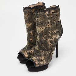 Pre Owned Le Silla Black/Beige Embellished Mesh Peep Toe Platform Ankle Booties Size 38