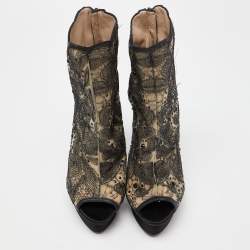 Pre Owned Le Silla Black/Beige Embellished Mesh Peep Toe Platform Ankle Booties Size 38