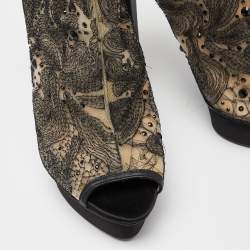 Pre Owned Le Silla Black/Beige Embellished Mesh Peep Toe Platform Ankle Booties Size 38