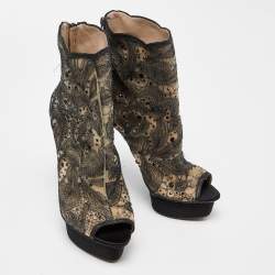 Pre Owned Le Silla Black/Beige Embellished Mesh Peep Toe Platform Ankle Booties Size 38
