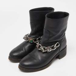 Le Silla Black Leather Embellished Chain Ankle Boots Size 37.5