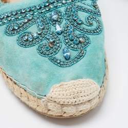 Le Silla Turquoise Suede and Leather Crystal Embellished Espadrille Flats Size 39