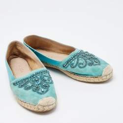Le Silla Turquoise Suede and Leather Crystal Embellished Espadrille Flats Size 39