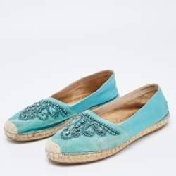 Le Silla Turquoise Suede and Leather Crystal Embellished Espadrille Flats Size 39
