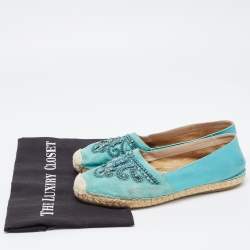 Le Silla Turquoise Suede and Leather Crystal Embellished Espadrille Flats Size 39