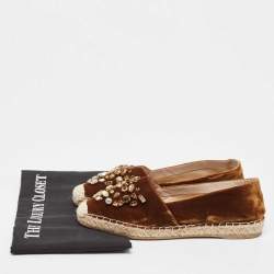 Pre Owned Le Silla Brown Velvet Crystal Embellished Espadrilles Flats Size 36