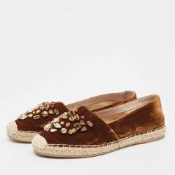 Pre Owned Le Silla Brown Velvet Crystal Embellished Espadrilles Flats Size 36