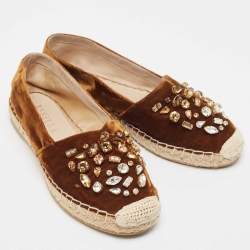 Pre Owned Le Silla Brown Velvet Crystal Embellished Espadrilles Flats Size 36