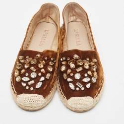 Pre Owned Le Silla Brown Velvet Crystal Embellished Espadrilles Flats Size 36