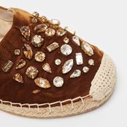 Pre Owned Le Silla Brown Velvet Crystal Embellished Espadrilles Flats Size 36