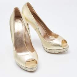 Le Silla Golden Leather Crystal Embellished Platform Peep Toe Pumps Size 41