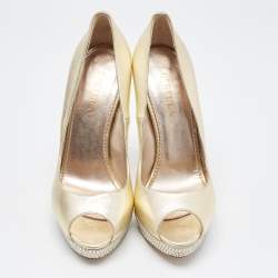Le Silla Golden Leather Crystal Embellished Platform Peep Toe Pumps Size 41