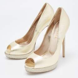 Le Silla Golden Leather Crystal Embellished Platform Peep Toe Pumps Size 41